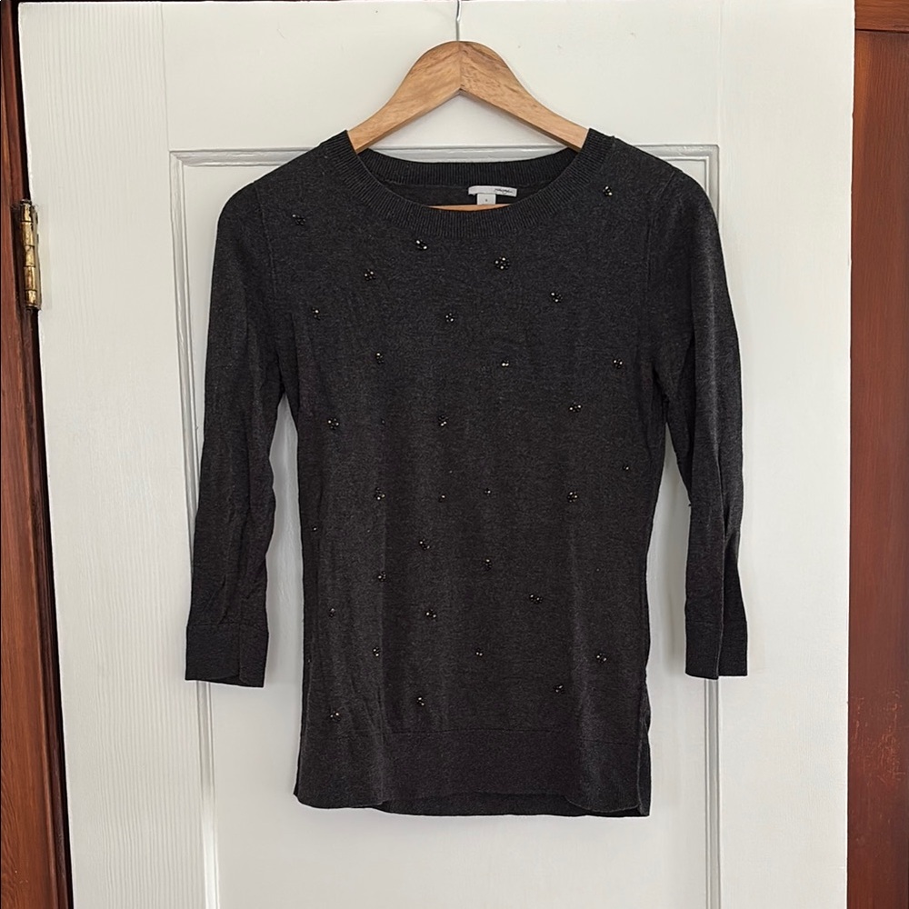 Dark grey Halogen, beaded, three-quarter sleeve sweater